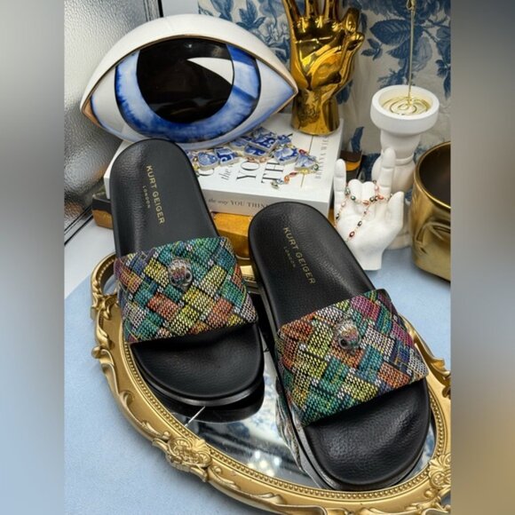 🆕 KURT GEIGER LONDON 🧿 NWOB Meena Eagle Slide, Black Rainbow Weave, Sz 40 US 9 - Picture 4 of 14
